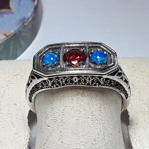 1/2ctw Round Garnet & Opal 3 Stone Filigree Sterling Silver Ring #19639